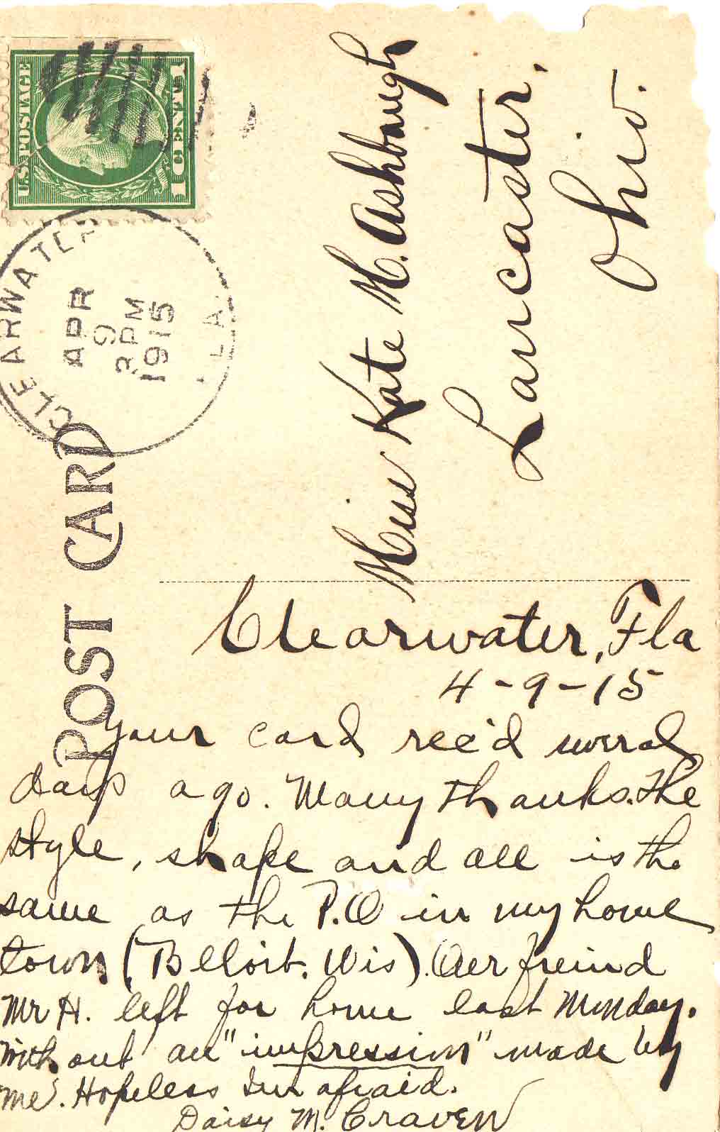 Postcard to Kate Ashbaugh