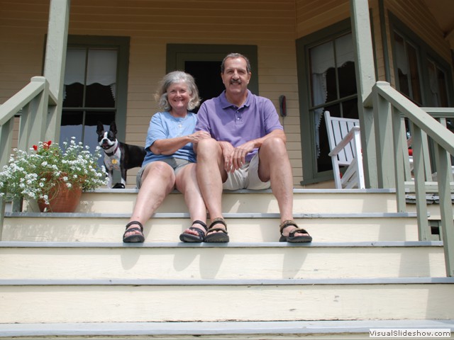 July 28:  Nancy and Pete on the cottage steps, just before driving back to Portland for the next phase of our adventure.