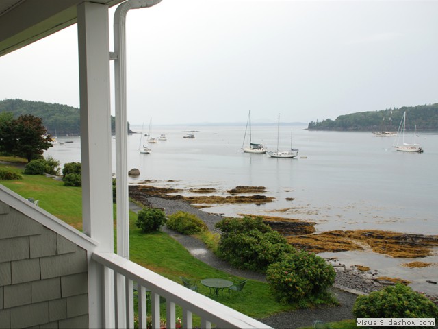 July 29: view from our room at the Bar Harbor Inn.  We shuttled outside of town to The Burning Tree restaurant for a gourmet seafood dinner.