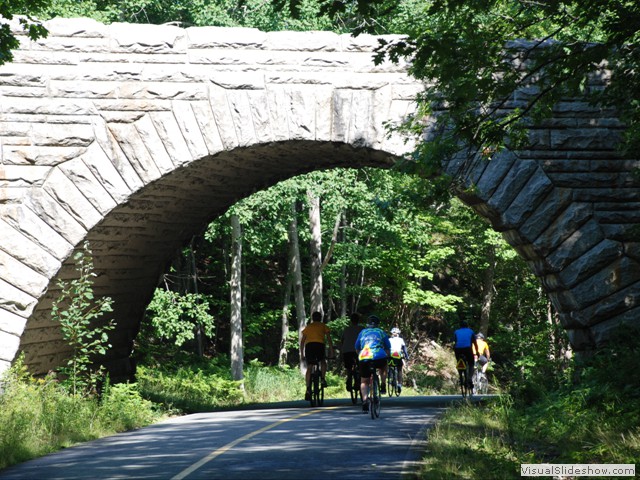 July 30: In Acadia National Park.  We passed over and under many of the 17 stone bridges, and rode quite a few miles on the crushed stone Carriage Road which is limited to hiking and biking.