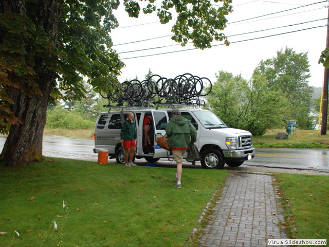 August 1: Rain arrived along overnight along with August.  The scheduled kayaking trip was optional and about half the riders kayaked in the rain.  Nancy, Bob and Pete did not.