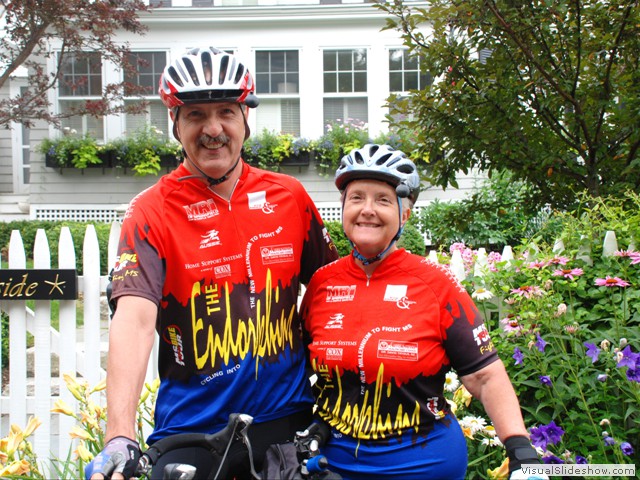 August 3:  Last day!  Tradition photo of Pete and Nancy in their Endorphin jerseys.  Just up the street from the Inn.  Today we will ride a picturesque 18 mile loop to wrap up.