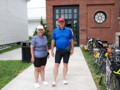 August 2: After lunch, Nancy, Bob and Pete toured the Farnsworth museum, which features an extensive Andrew Wyeth collection.  We'd been advised to bring the slippers given to us at the hotel, because we could not wear bicycling cleats inside.  Here Nancy and Bob model the slippers outside the museum door.  