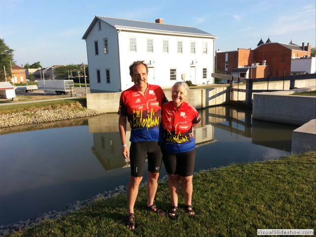Thursday June 20: New Bremen loop ride.  Reconstructed canal lock (Miami & Erie). Bicycle museum background right.