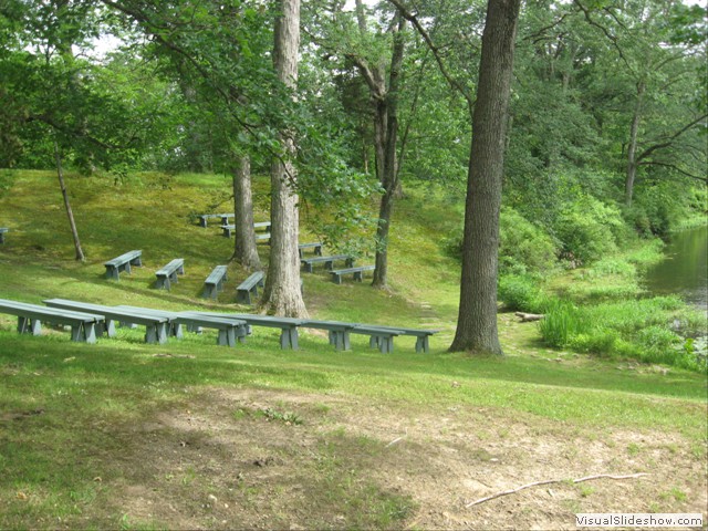 It is often rented for outdoor weddings. These benches are for wedding guests.