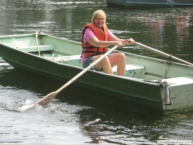 Friday: Diane rowing on the lake.