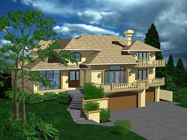 Finished 3D View of Hillside Home With Landscaping/Sky