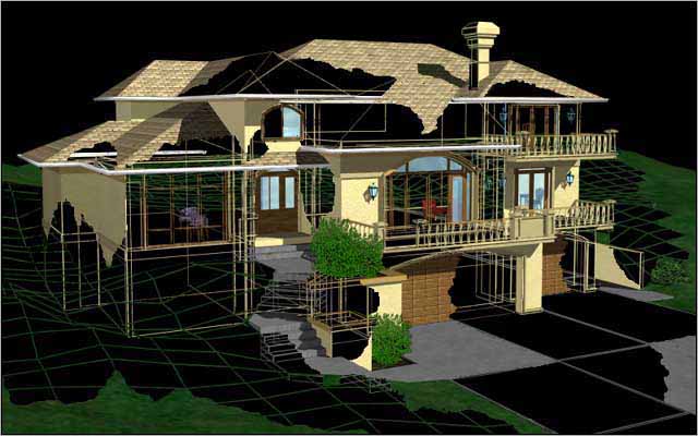 3D Wireframe Image of Hillside Home With Sections of Surface Textures Added